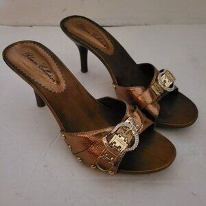 High heels shoes sexy bronze gold buckle hardware faux leather rhinestones 8.5